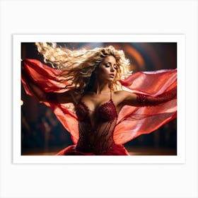 Red Dress Shakira Fan Dance Art Print