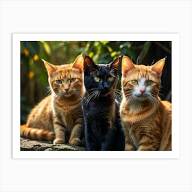 Three Cats Sitting On A Rock Art Print
