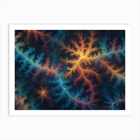 An Abstract Pattern Featuring Swirling, Stylized Branches In Shades Of Blue, Orange, And Yellow On A Dark Background Art Print