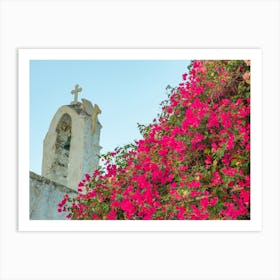 Greek Church And Pink Bougainvillea Flowers Art Print
