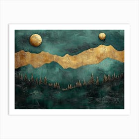 3d With an Abstract Depiction of a Dark Green and Golden Forest Landscape Art Print