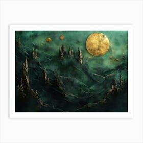 Contemporary 3d With An Abstract Depiction Of A Dark Green And Golden Forest Landscape Art Print