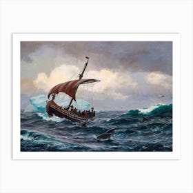 HD Remastered Painting "Summer Night Off the Greenland Coast" c1875 Viking Boat Ship Norse Scandinavian Art by Danish oil painter Jens Erik Carl Rasmussen (1841-1893) Art Print
