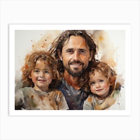 Jesus with little children - watercolor painting. 1 Art Print