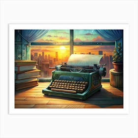 Vintage Typewriter On Wooden Table With City Sunset View Art Print