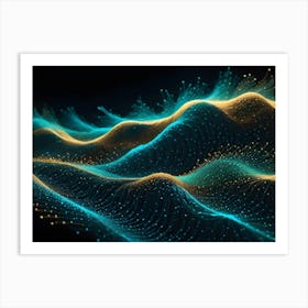 Abstract 3d Rendering Of A Glowing, Blue And Gold Landscape Of Particles And Lines, Resembling A Digital Or Futuristic World Art Print