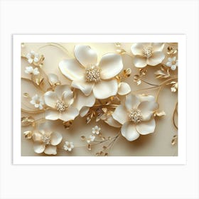 3D Marble Carved Flowers In Gold And Cream Colors Art Print