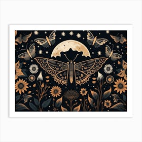 Moon And Butterflies Boho Art Print