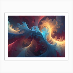 Abstract Composition Of Swirling, Feathery Forms In Shades Of Blue, Orange, And Red Against A Dark Background, Suggesting A Celestial Or Cosmic Scene Art Print