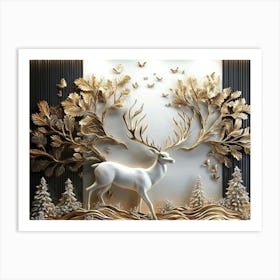 3d Modern Stereo Stag Deer Animal with Forest 1 Art Print