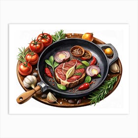 Steak In A Frying Pan With Vegetables And Spices Art Print