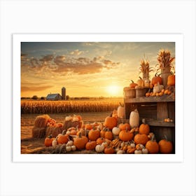 A Vintage Style Autumn Harvest Composition Showcasing Piles Of Pumpkins And Corn Cobs Scattered In (1) Art Print