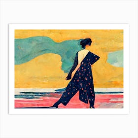 Woman Walking In The Beach Painting Art Print