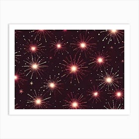 A Repeating Pattern Of Pink Fireworks Against A Dark Background Art Print