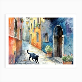 Black Cat In Udine, Italy, Street Art Watercolour Painting 4 Art Print