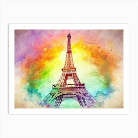 Eiffel Tower Watercolor Illustration With Rainbow Sky 1 Art Print