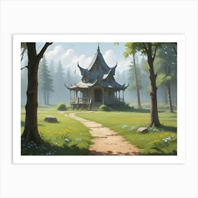 A Peaceful, Fairytale Like Forest With A Cottage And Winding Path, Depicting A Scene Of Tranquil Beauty Art Print