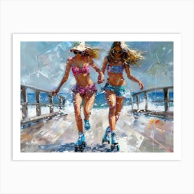 Girls Roller Skating On Boardwalk Art Print