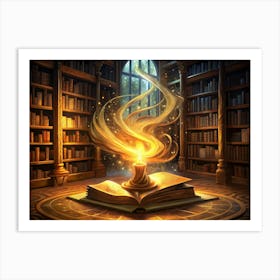 Open Book With A Glowing Candle In A Library Art Print