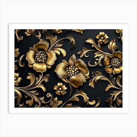 Golden Luxury Floral Damask with Flowers Golden and Black Elegant Leather Art Print