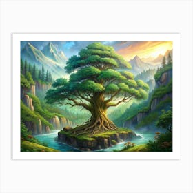 Majestic Ancient Tree On A River Island In A Mountain Landscape Art Print