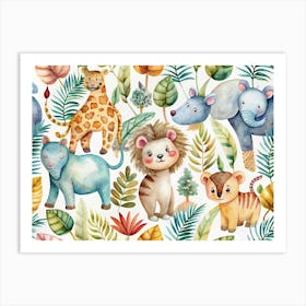 Watercolor Seamless Pattern With Jungle Animals Art Print