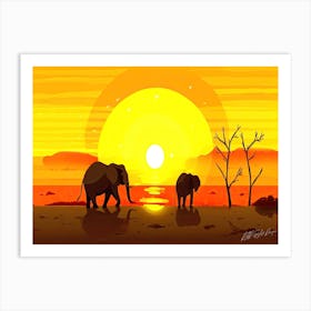 Serengeti Africa - Sunset Elephants Art Print
