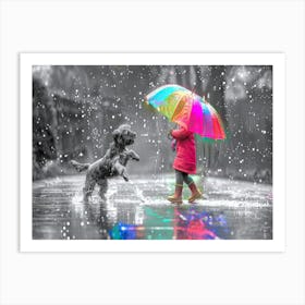 Girl With Umbrella In Rain - Little Girl In The Rain Art Print