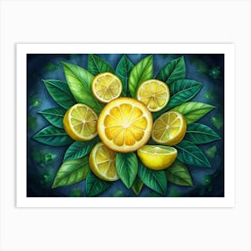 Lemon Slices With Green Leaves On A Dark Blue Background Art Print