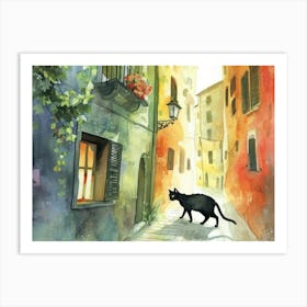 Black Cat In Milano, Italy, Street Art Watercolour Painting 2 Art Print