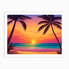 A Tranquil Beach At Sunset Horizontal Illustration 56 Art Print