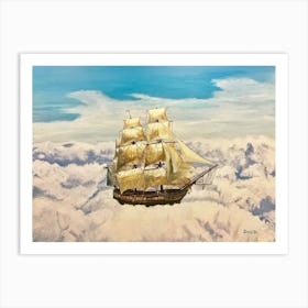 Surreal Wooden Sailing Ship In Clouds Blue Sky Art Print