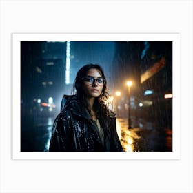 Portrait Woman With Glasses Drenched In Rain Under The Cloak Of Night Face Illuminated By A Singl Art Print