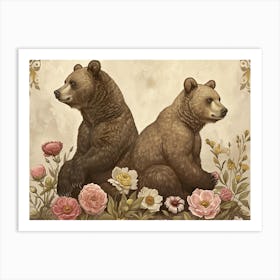 Floral Animal Illustration Brown Bear 2 Art Print