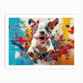 Vivid 3d Art Design Showcasing A Lively And Cute Dog Bursting Through A Colorful, Graffiti 1 Art Print