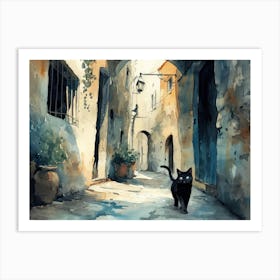 Black Cat In Foggia, Italy, Street Art Watercolour Painting 3 Art Print