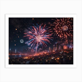 Holiday Fireworks Over City Art Print