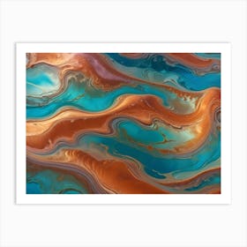 Abstract Fluid Art Background With Swirling Patterns And Textures In Teal, Orange, And Gold, Resembling Liquid Marble Or Gemstone Art Print