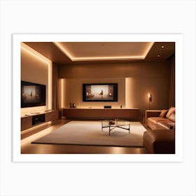 A Modern Living Room Interior With A Brown Leather Sofa, A Glass Coffee Table, And Accent Lighting, Creating A Warm And Inviting Atmosphere Art Print