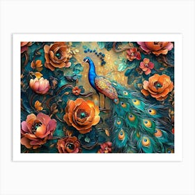 Bright Color Floral with Exotic Oriental Pattern Flowers and Peacocks 1 Art Print