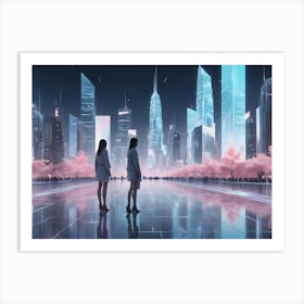 Two Women Stand Against A Futuristic City Skyline Illuminated With Blue And Pink Neon Lights, A Large Crowd Gathers In The Foreground Art Print