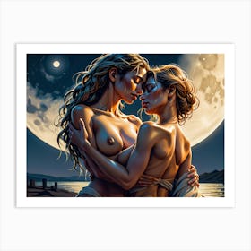 Two Women In Love Under The Spell Of A Full Moon Art Print