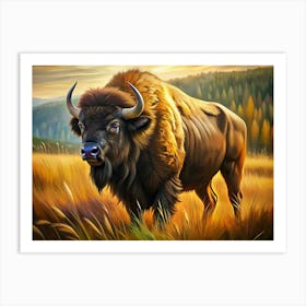 Bison In Field With Tall Grass And Forest In Background Art Print