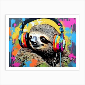 Sloth with headphones Art Print