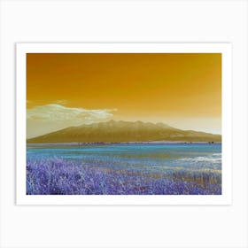 Yellow Mt Blanca over Lake of Blue Flowers Art Print