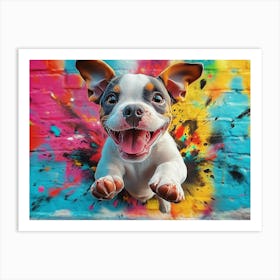 Vivid 3d Art Design Showcasing A Lively And Cute Dog Bursting Through A Colorful, Graffiti, Art Print