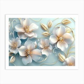 3d White And Pink Flowers, Golden Swirls And Leaves On Light Blue Art Print