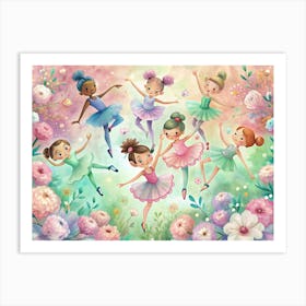 Little Ballerinas Dancing In A Field Of Flowers Art Print