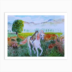 Cats Have Fun Morning Horse Ride A Cat On A Horse Art Print