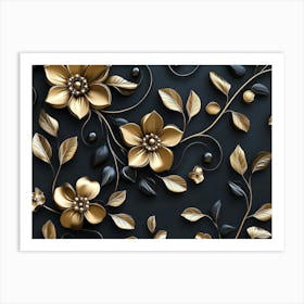 Elegant 3d Gold Floral Motif on Black Art Print